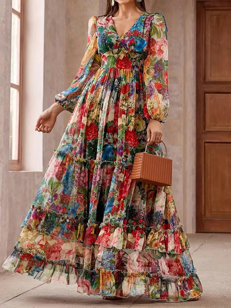 Women Floral Print Long Dress V-Neck Ruffle Tiered Maxi Dress