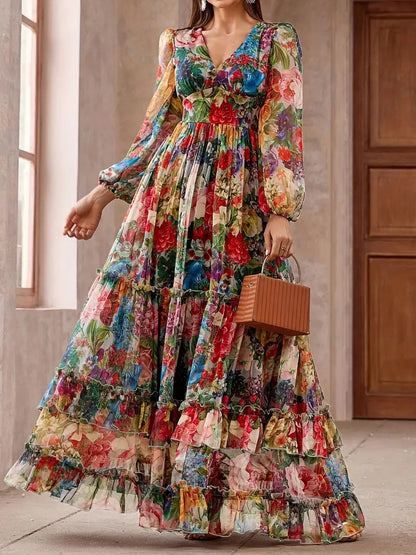 Women Floral Print Long Dress V-Neck Ruffle Tiered Maxi Dress