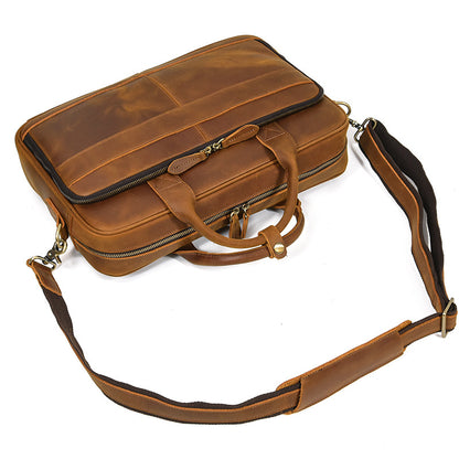 Real Leather Office Bag with Rear Trolley Strap