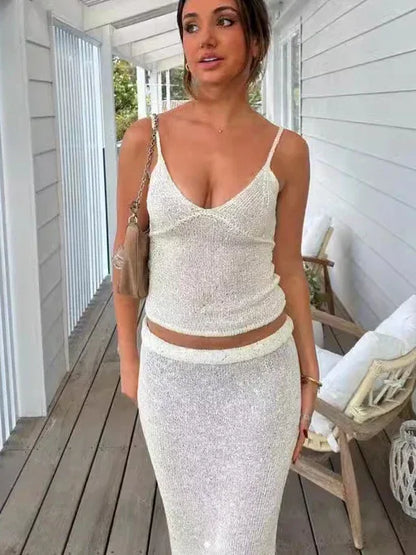 Red beach suspender crop top skirt set