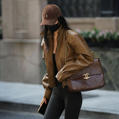 Cropped leather jacket for women