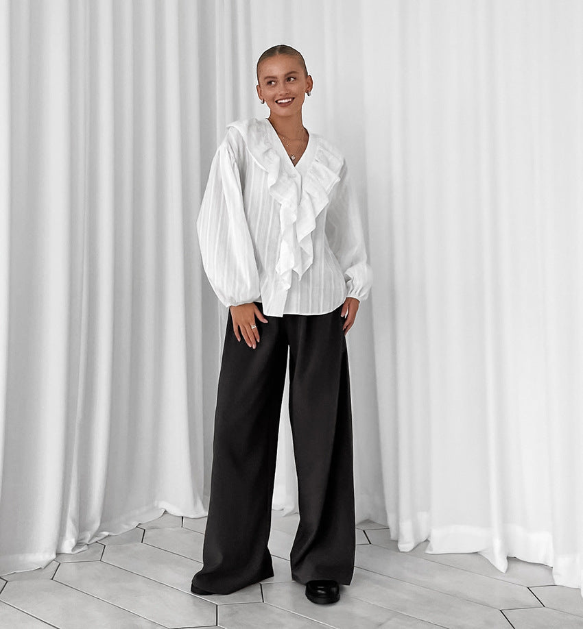 French ruffled v neck cotton blouse