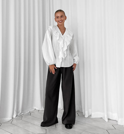 French ruffled v neck cotton blouse