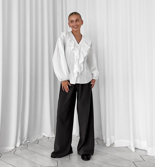 French ruffled v neck cotton blouse