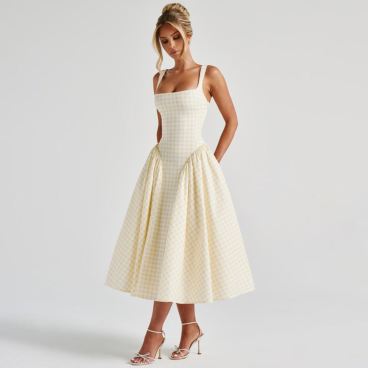 Gingham French Style Plaid Midi Princess Dress