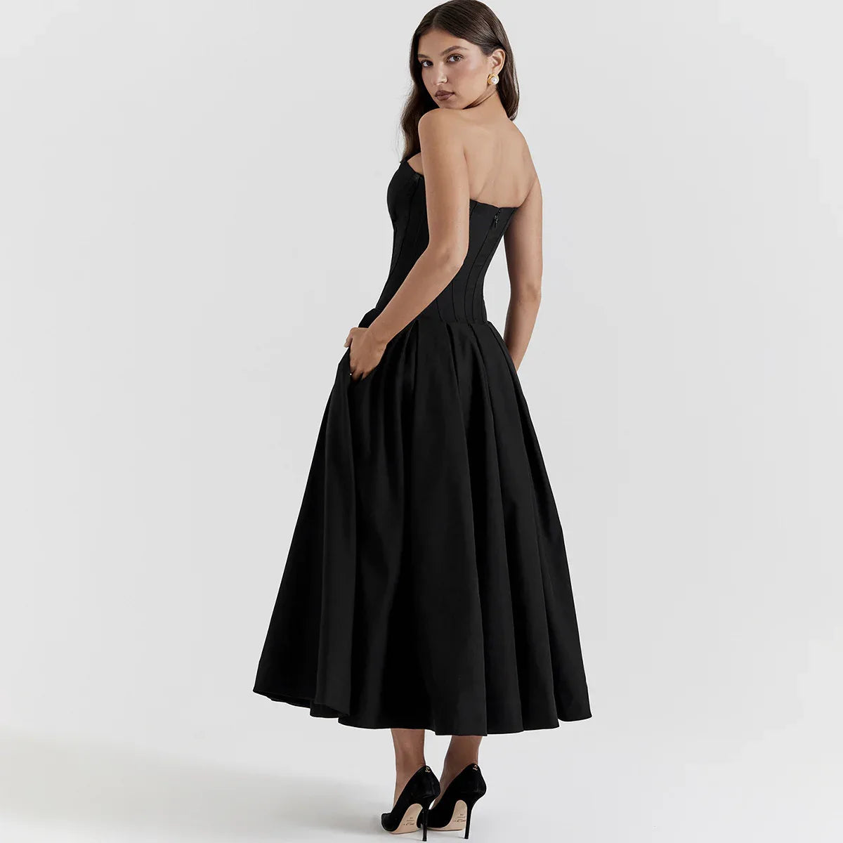 strapless v-neck corset a-line long dress