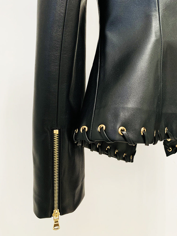 Women slim fit lace up faux leather jacket