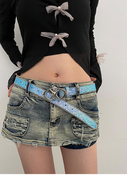 Glitter Belt Faux Leather With Star Buckle