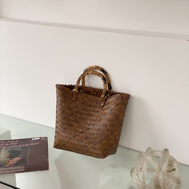 Large Rattan Beach Tote Bag with Bamboo Handles