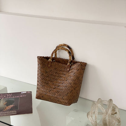 Large Rattan Beach Tote Bag with Bamboo Handles