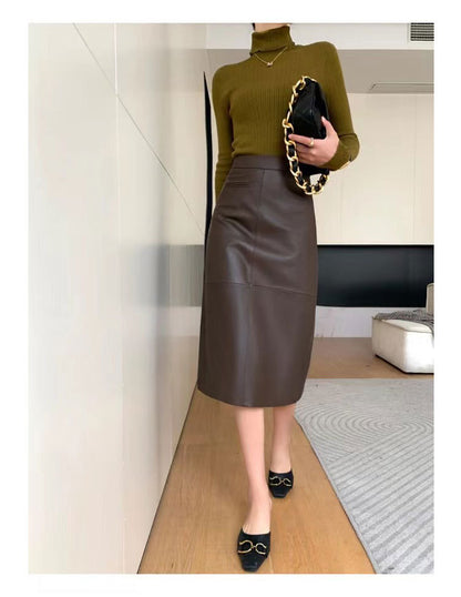 High waisted genuine leather midi skirt