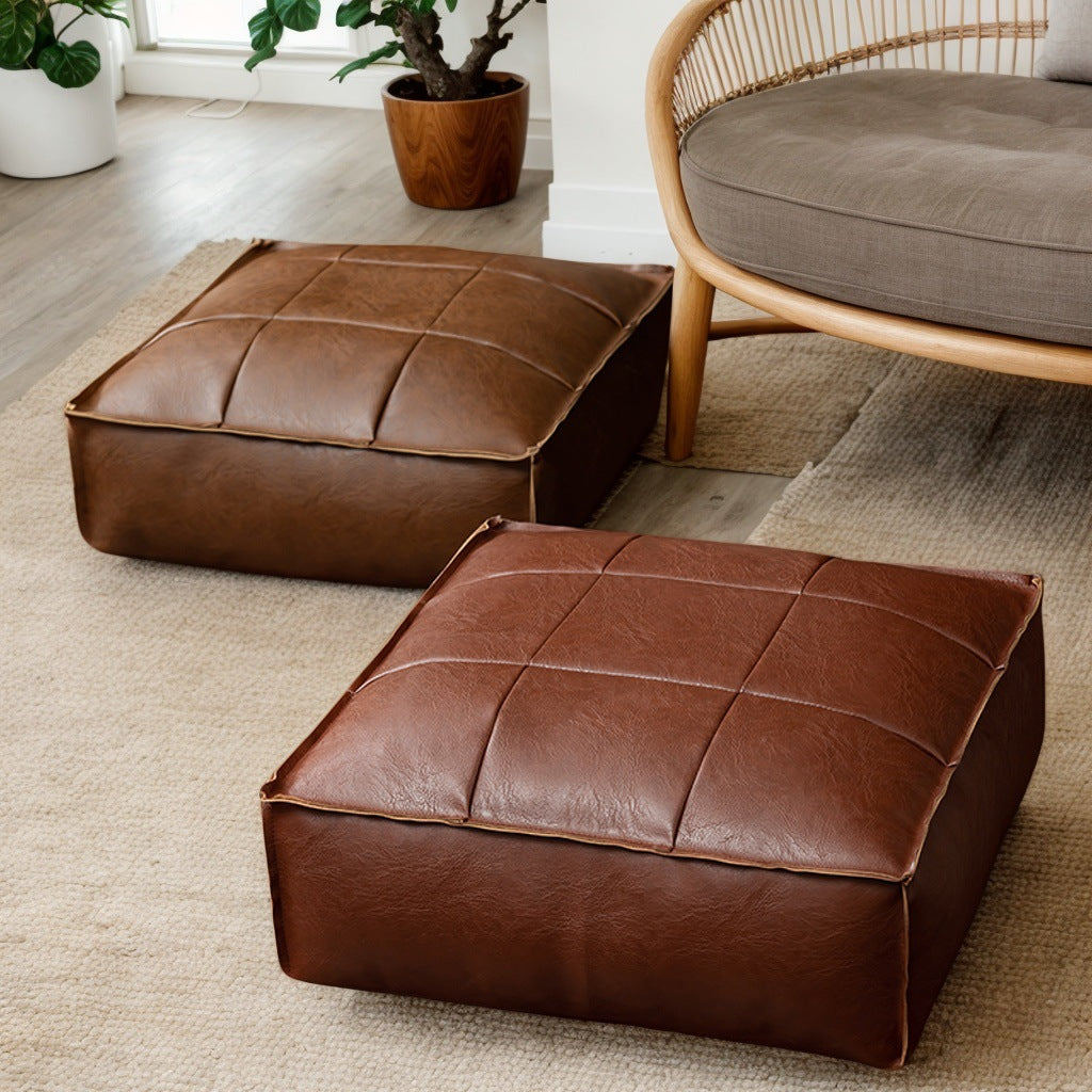Faux Leather Pouf Ottoman Floor Cushion Cover