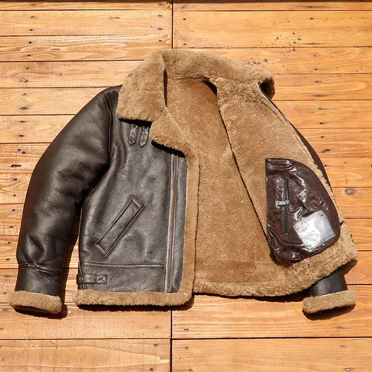 Men’s Real Shearling Fur Leather Aviator Flight Jacket