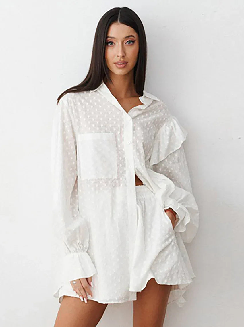 White swiss dot ruffle shirt set