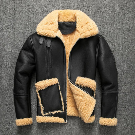Men Real Sheepskin Shearling Aviator Jacket Winter Coat