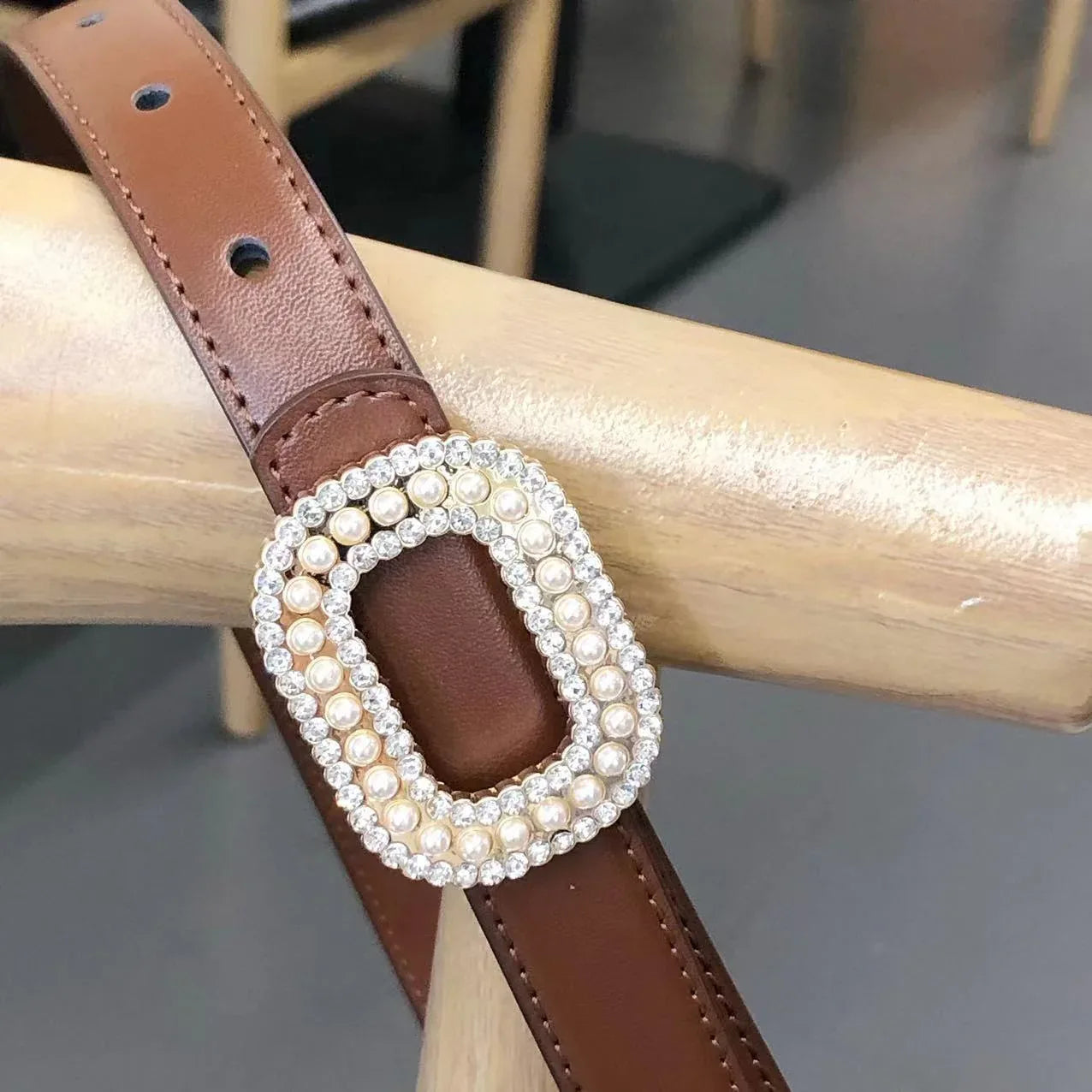 Women Pearl Buckle Split Cowhide Thin Leather Belt