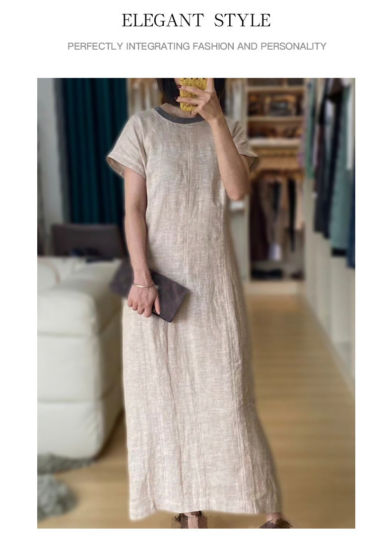 Apricot linen embroidered midi dress v neck summer flowy fit