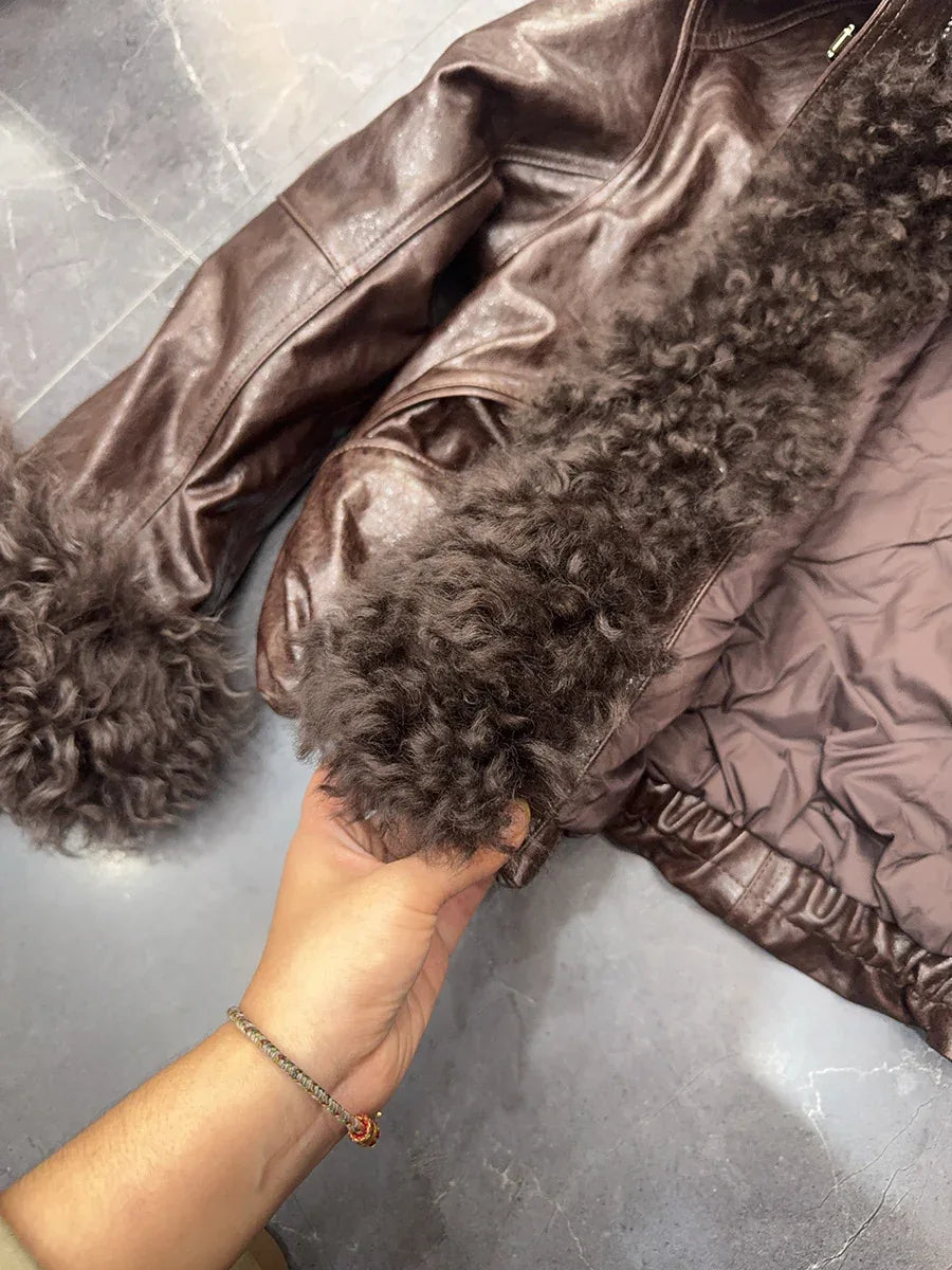 Genuine sheepskin leather jacket with fur collar