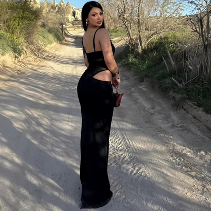 Black mesh backless suspender maxi dress women