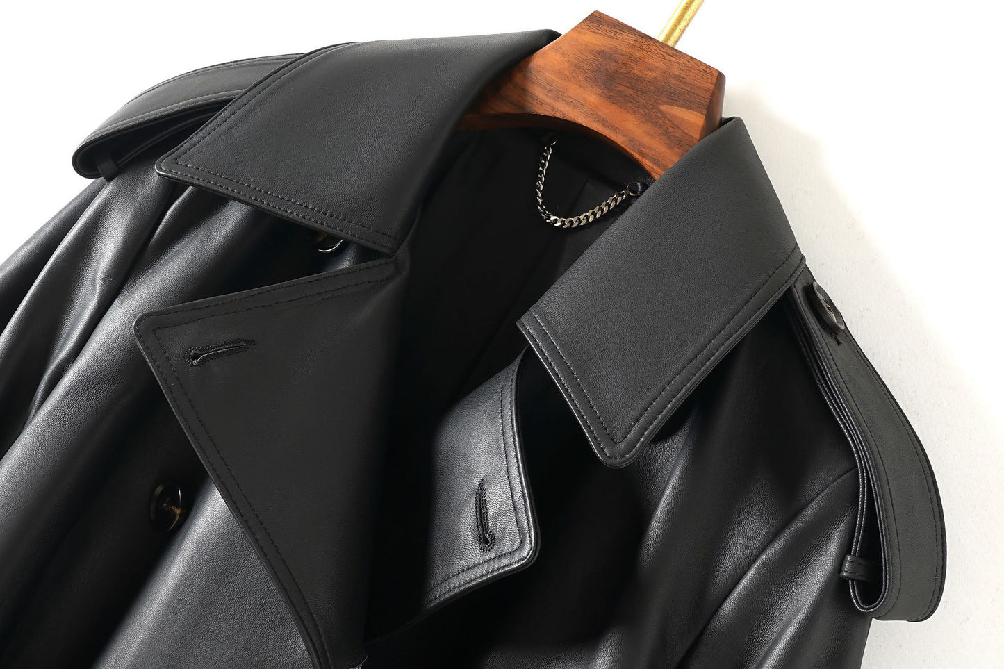 Women Leather Trench Coat Double-Breasted Long Belted