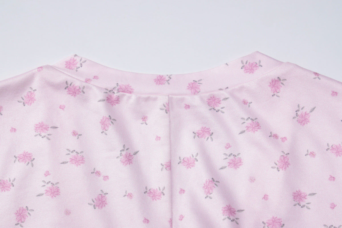 Pink Floral Slim Fit Short Sleeve V-Neck Button Jumpsuit for Women