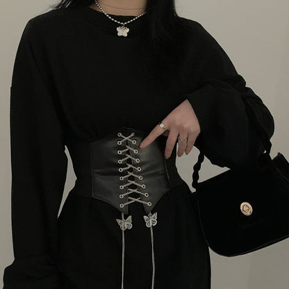 Black Butterfly Chain Faux Leather Elastic Waist Belt