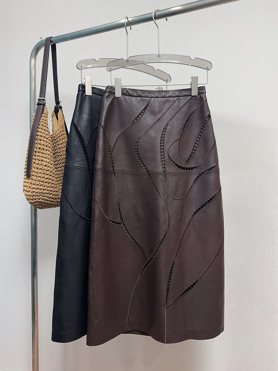 Women’s Leather Maxi Skirt with Embroidered Hollow Detailing