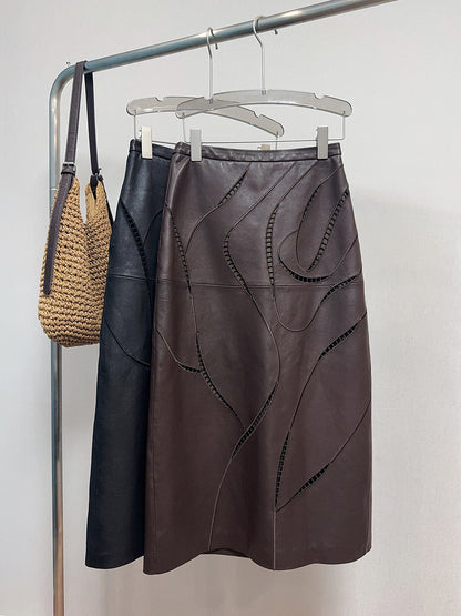 Women’s Leather Maxi Skirt with Embroidered Hollow Detailing
