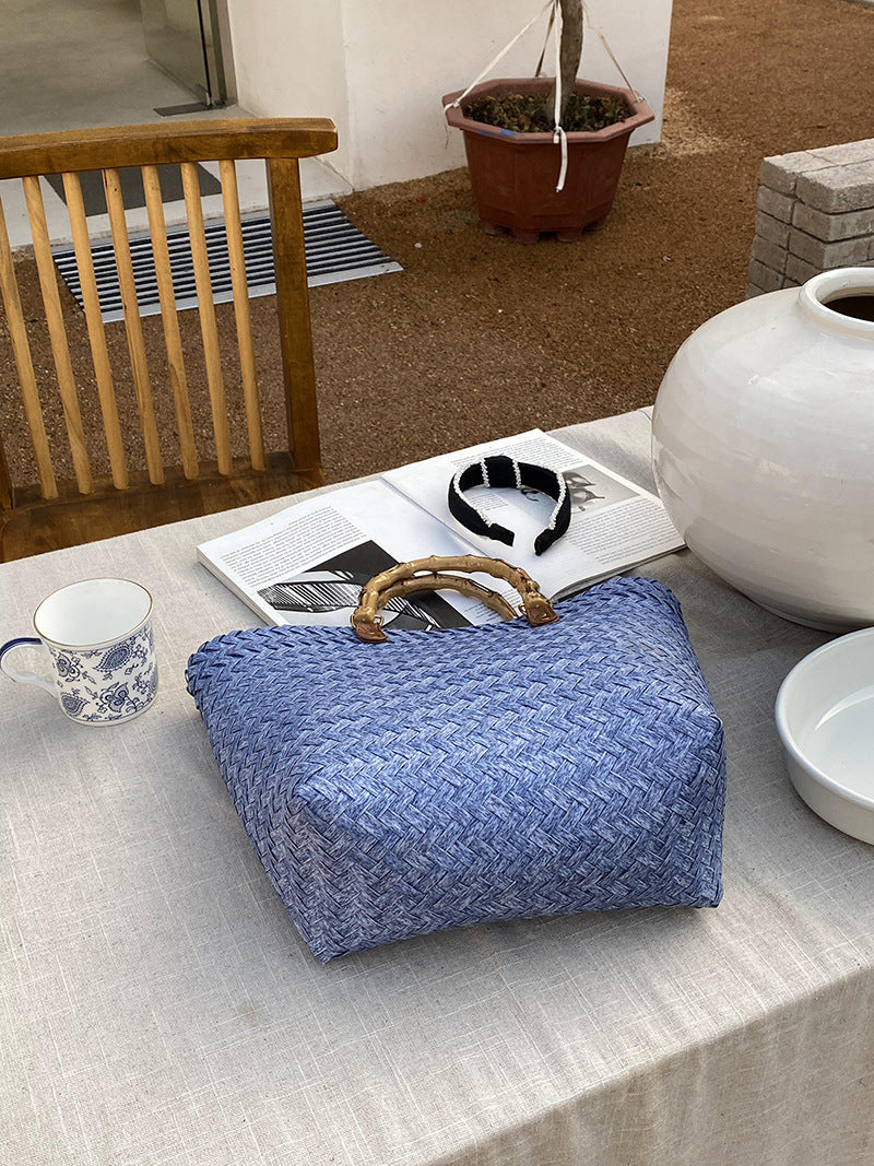 Woven Summer Tote Bag With Bamboo Handle