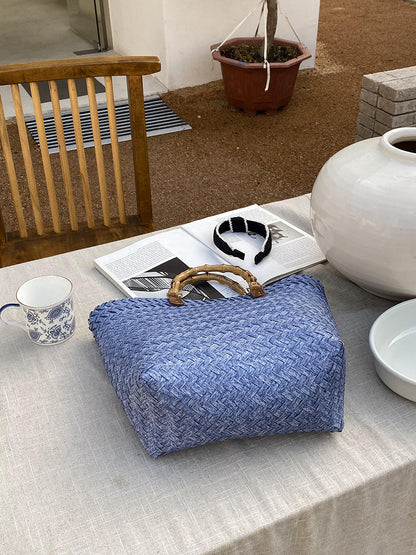 Woven Summer Tote Bag With Bamboo Handle