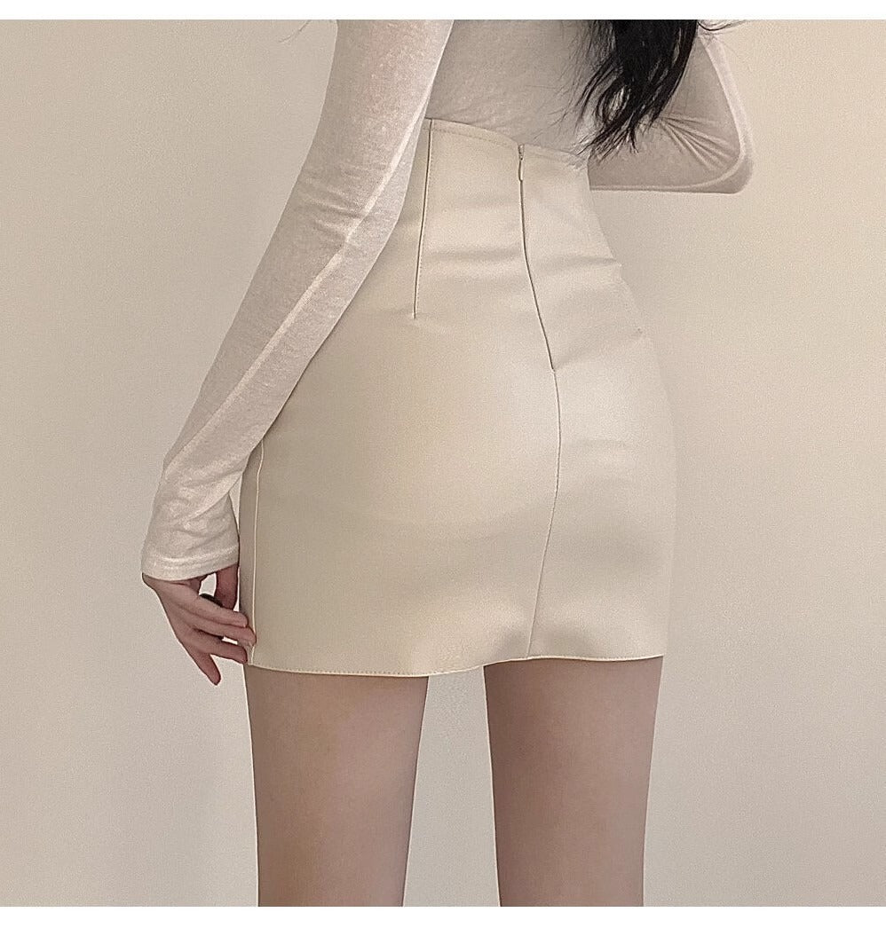 Faux Leather Skirt Zipper Back Split Hem