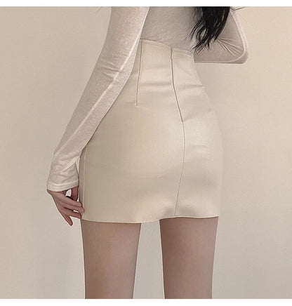 Faux Leather Skirt Zipper Back Split Hem