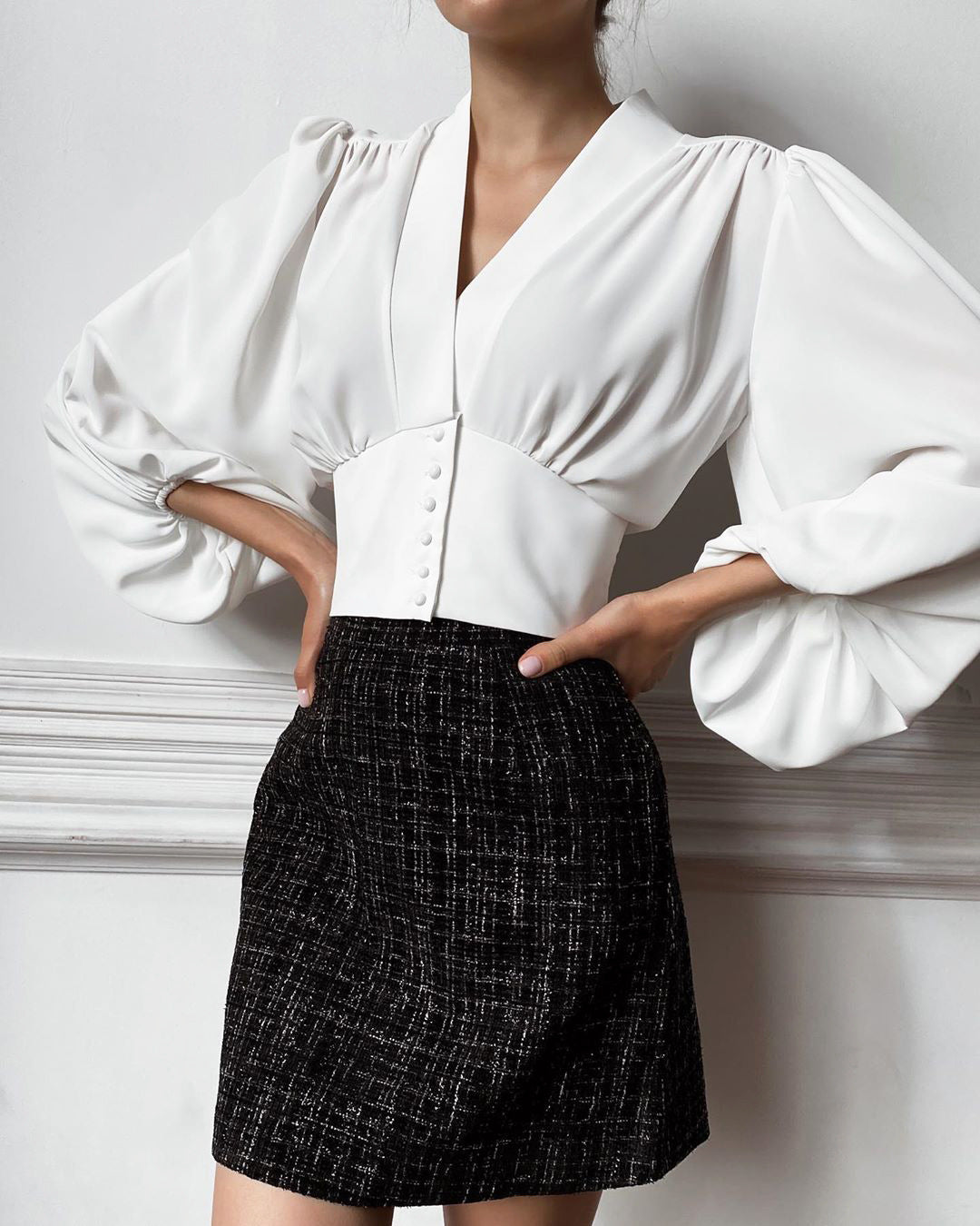 Women’s V-Neck Lantern Sleeve Blouse with Fitted Waist and Button Detail