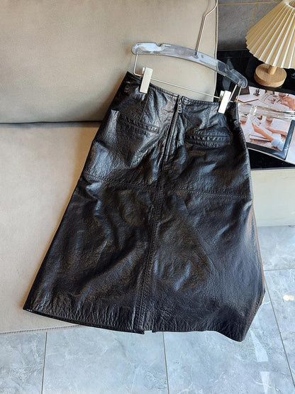 New waxed cowhide slit midi skirt
