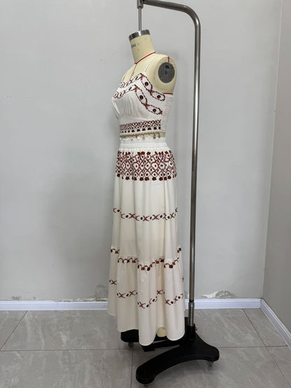 Bohemian Two-Piece Tassel Embroidered Crop Top & Maxi Skirt