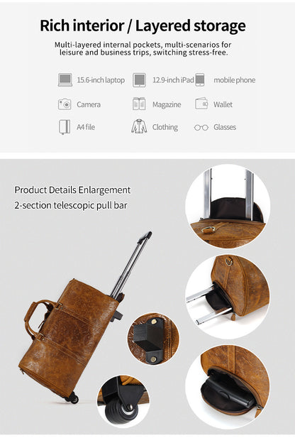 Genuine Leather Trolley Travel Bag Rolling Duffel