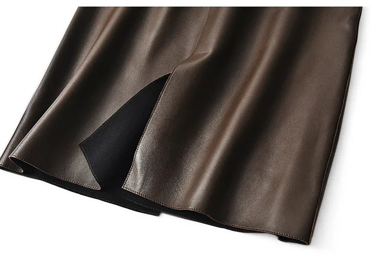 High waisted midi leather skirt with front slit and pockets