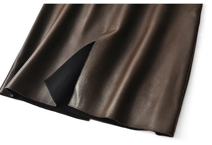 High waisted midi leather skirt with front slit and pockets