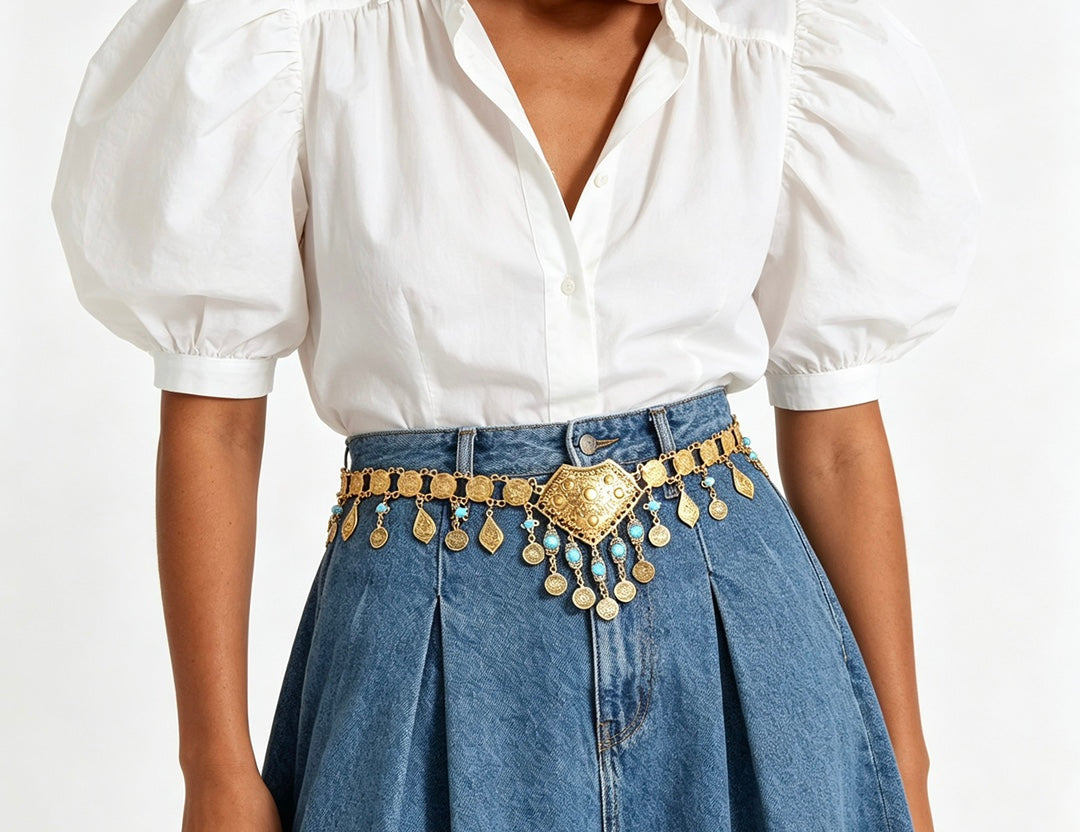 Gold Waist Chain with Coin Tassels and Turquoise Accents