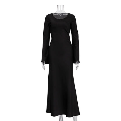 black ruched long sleeve maxi dress