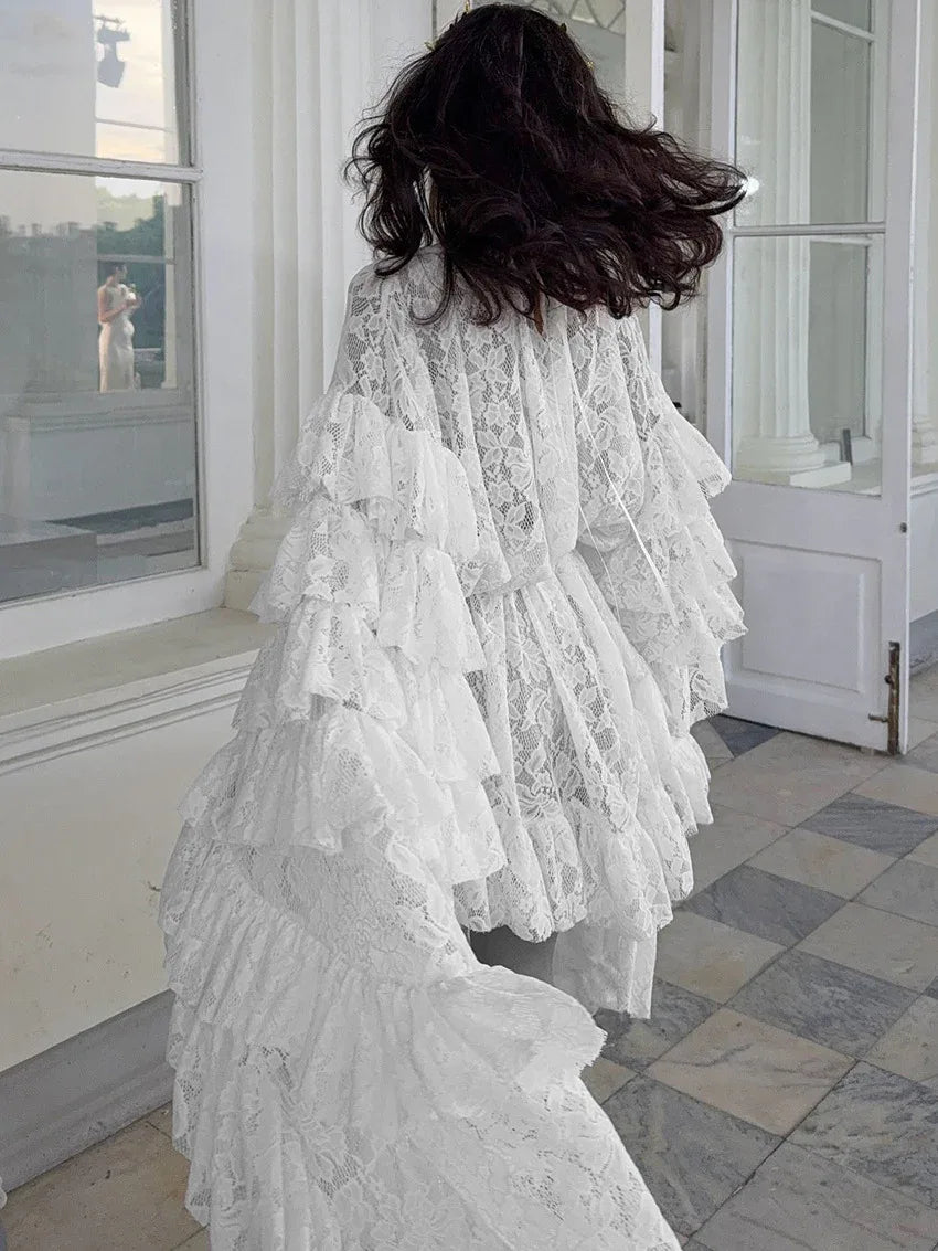 Sheer lace ruffle long sleeve mini dress