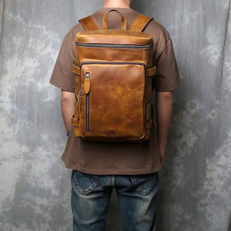 Retro leather backpack for men 15 inch laptop