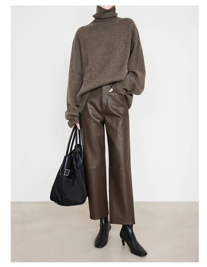Women’s High Rise Genuine Straight Leather Pants Brown