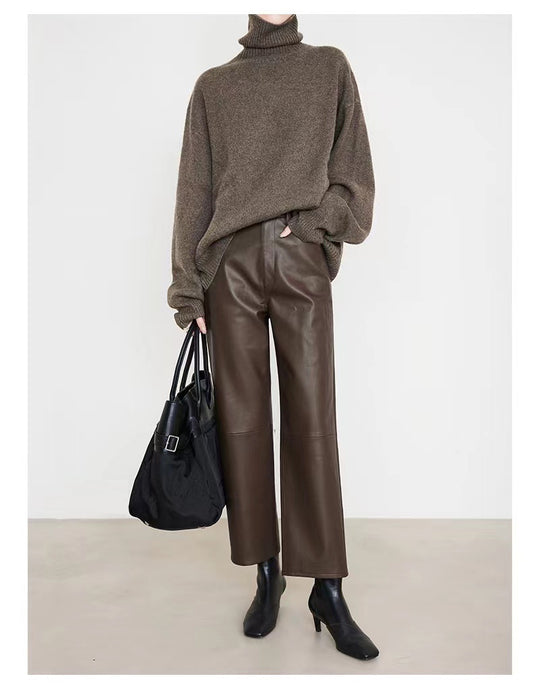 Women’s High Rise Genuine Straight Leather Pants Brown