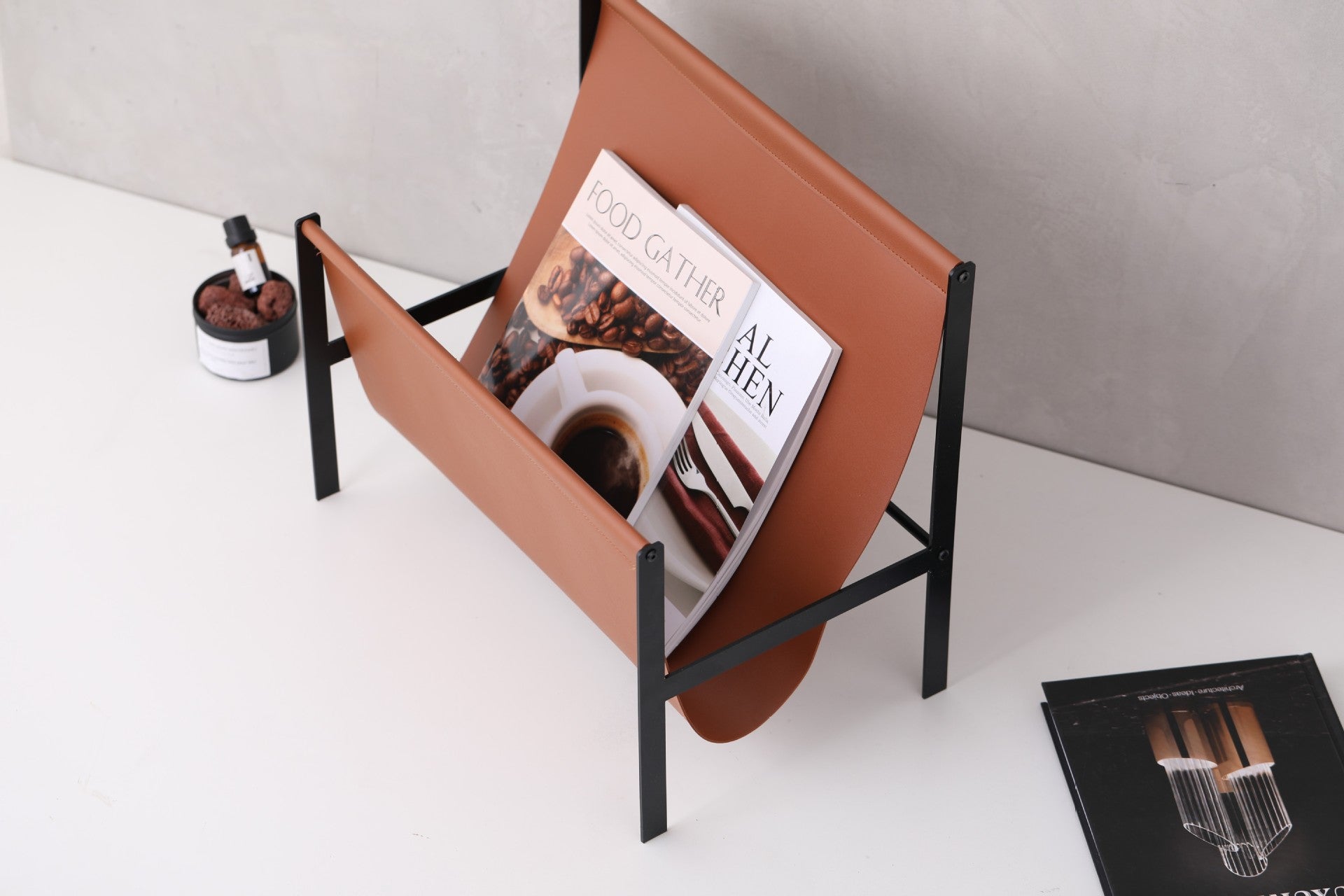 Modern leather metal magazine rack stand