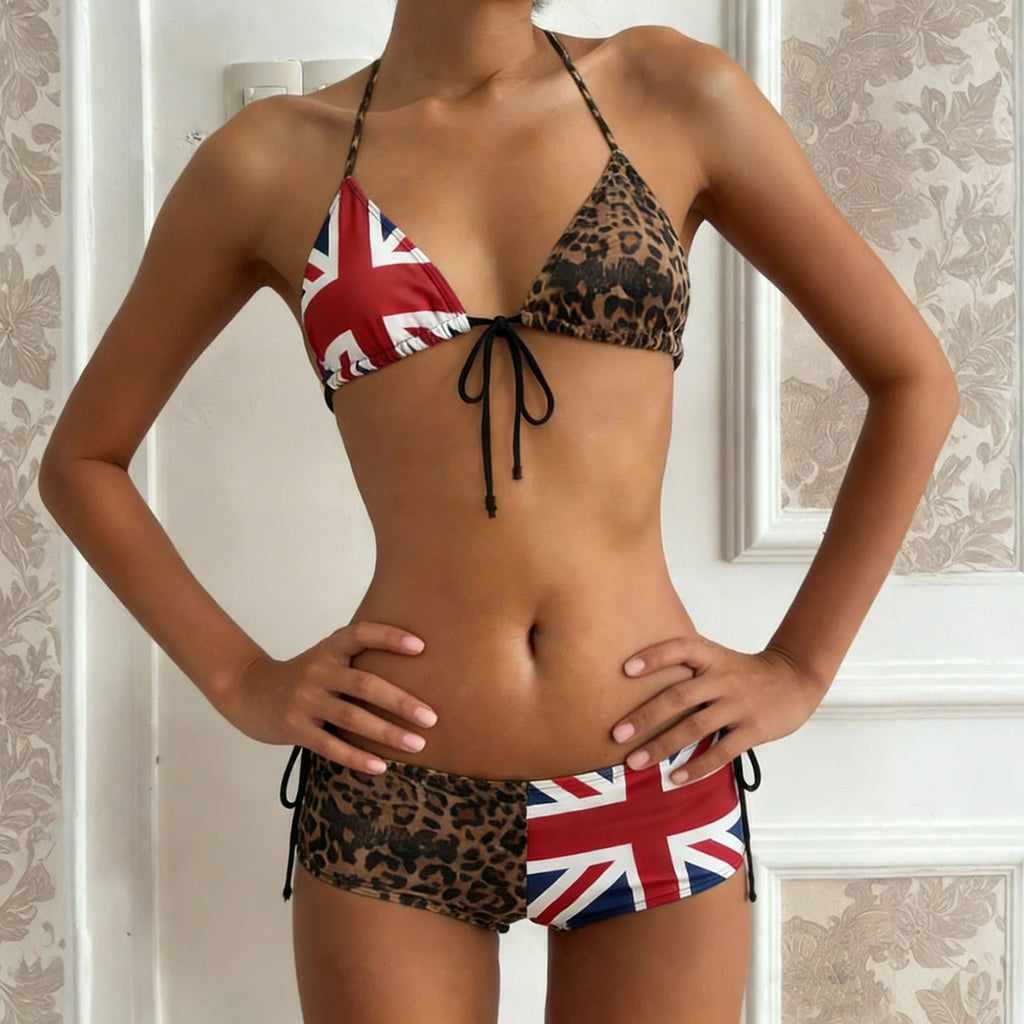 Leopard Print Color Block Bikini Set