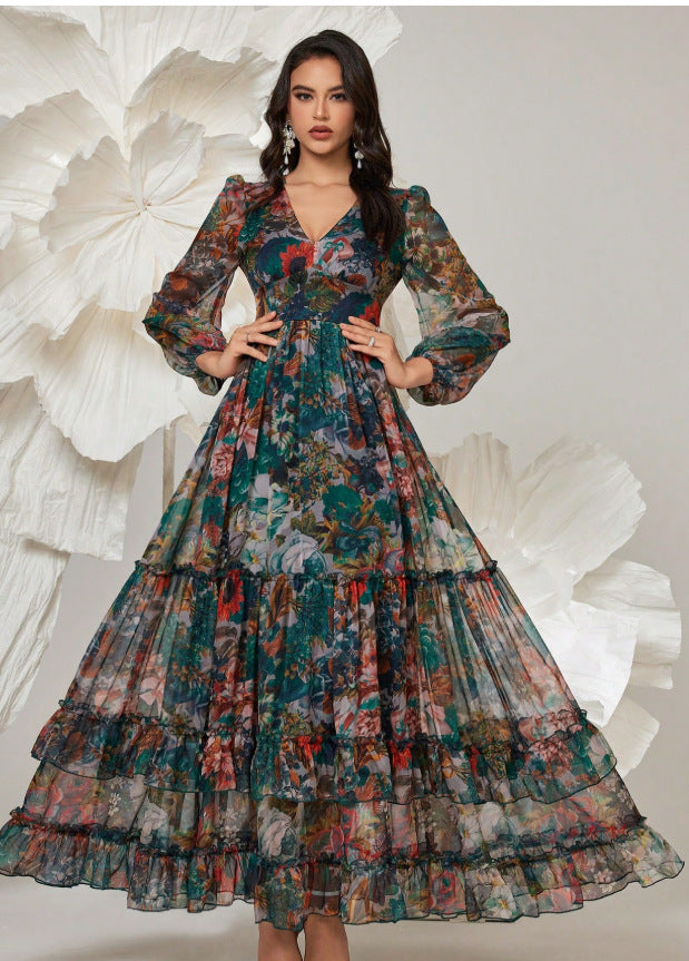 Women Floral Print Long Dress V-Neck Ruffle Tiered Maxi Dress