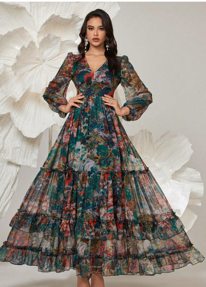 Women Floral Print Long Dress V-Neck Ruffle Tiered Maxi Dress