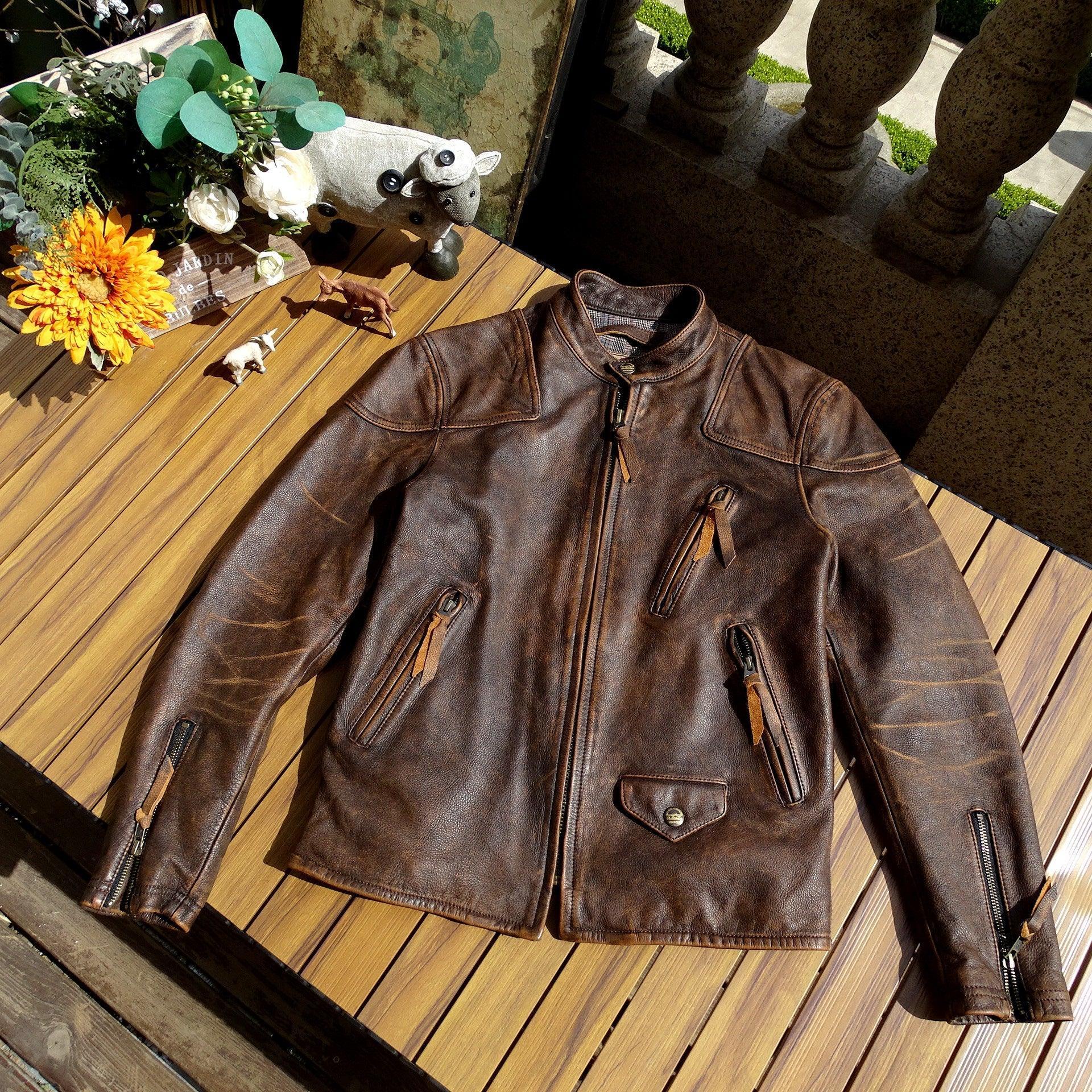 Men’s Distressed Cowhide Slim Fit Motorcycle Jacket