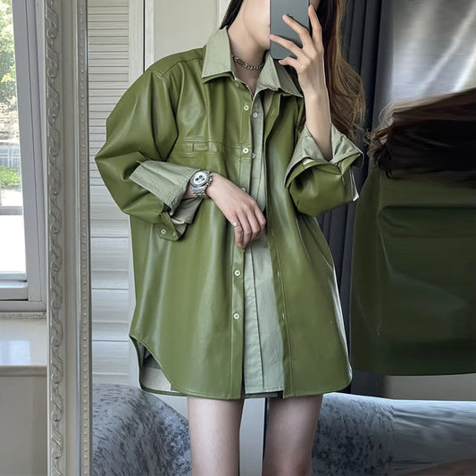 Women Oversized Avocado Green PU Jacket Two-Piece Set